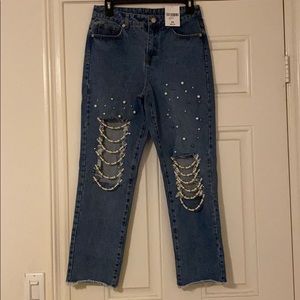 Denim Jeans Pearl Embellished Pant/Ankle